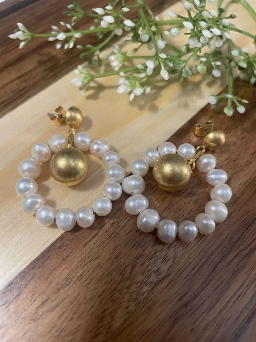 Madewell Gold Sphere and White Pearl Hoop Earrings
